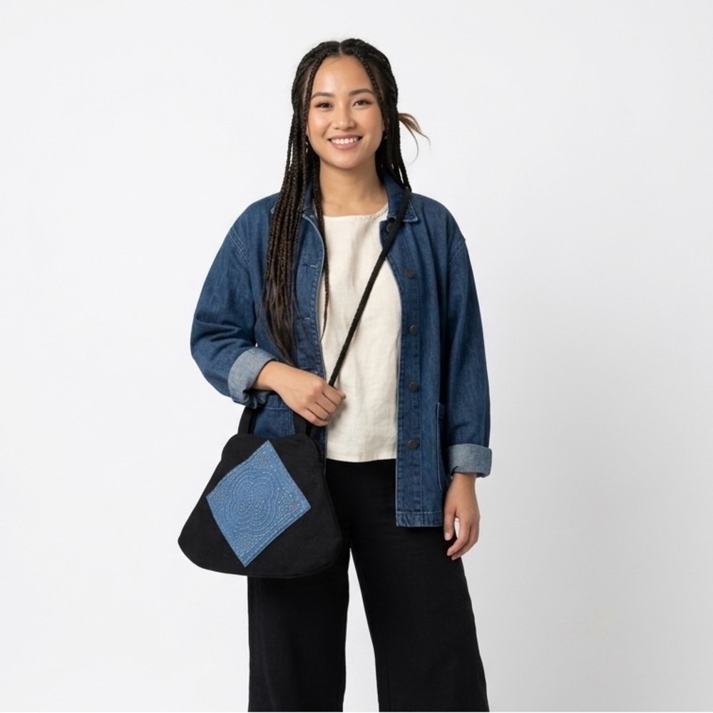 Handmade Hmong Artisan Paj Ntaub Tapestry Crossbody Bag - Indigo Blue & Black